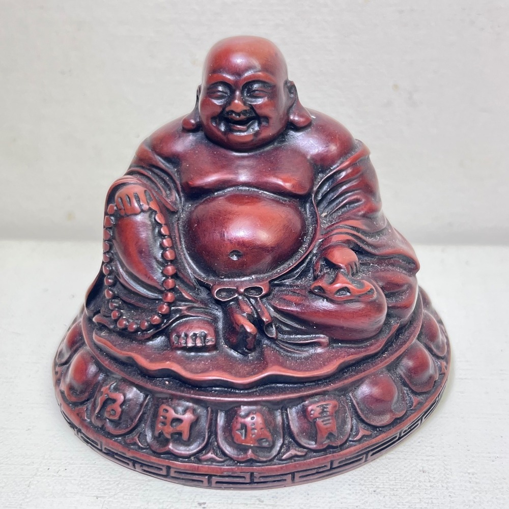 Vintage Cinnabar Red Laughing Buddha Hotei Figurine Lotus Base Feng Shui Decor